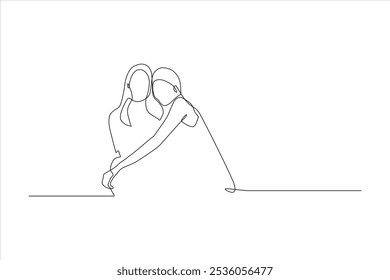 Um desenho de linha minimalista de duas mulheres abraçando, simbolizando amizade e conexão.