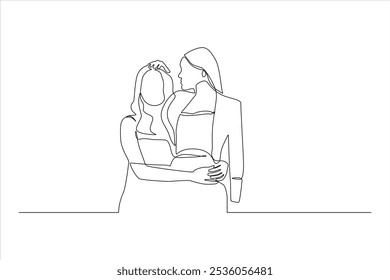 Um desenho minimalista de duas mulheres abraçando, transmitindo conexão e intimidade.