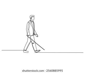 Minimalist line drawing of a visually impaired person walking with a cane, emphasizing independence and accessibility