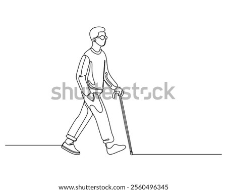A minimalist line drawing of a visually impaired person walking with a cane The person wears glasses and uses the cane for assistance