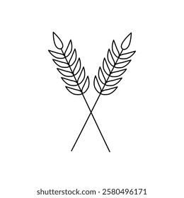 Minimalist Line Drawing of Wheat Stalks. Doodle vector simple black and white line art illustration of two crossed wheat stalks with elongated leaves, symbolizing nature, agriculture and harvest