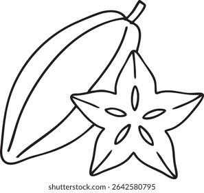 A minimalist line drawing of a whole and sliced star fruit, perfect for coloring books or educational materials.