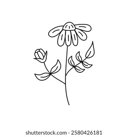 Minimalist Line Drawing of a Wildflower Stem. Simple vector doodle black and white line art illustration of a wildflower stem with a blooming daisy flower, bud and leaves