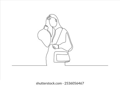 Un dibujo de línea minimalista de una mujer con un bolso, que transmite un sentido de contemplación.