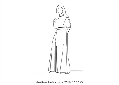 A minimalist line drawing of a woman in an elegant dress, showcasing fashion and style.