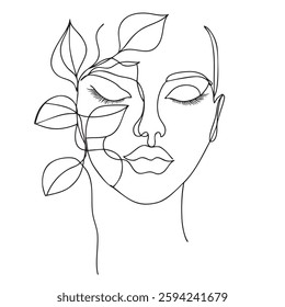 minimalist line drawing of woman face with closed eyes, adorned with leaves, conveying sense of tranquility and nature