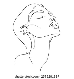 minimalist line drawing of woman face, showcasing serene expression and graceful features. artwork emphasizes simplicity and elegance in design