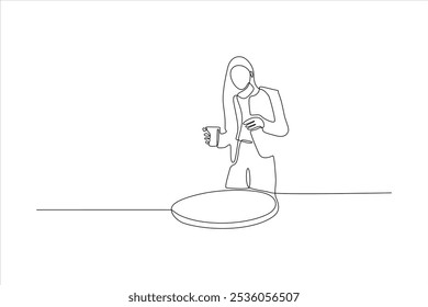 Um desenho de linha minimalista de uma mulher segurando um copo ao lado de uma mesa circular.