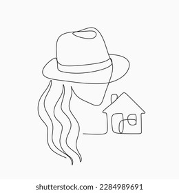 Minimalist line drawing of woman with home. Woman in hat and long hair  with house line drawing icon. Female Woman realtor logo. 