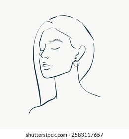 Minimalist line drawing of a woman with long hair and earrings, eyes closed. Simple and elegant, this artwork captures a serene female profile in black lines. Aesthetic woman illustration vector.