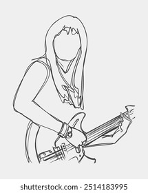 Minimalist line drawing of a woman playing an electric guitar, capturing a simple yet dynamic representation of music and performance.