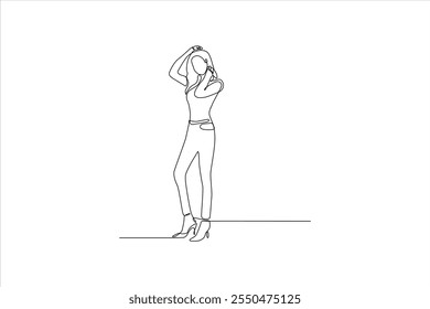 A minimalist line drawing of a woman posing in stylish attire.