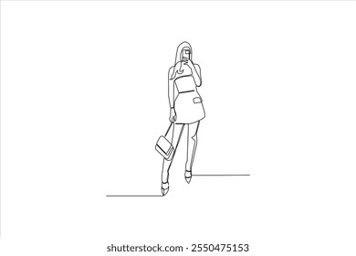 A minimalist line drawing of a woman posing with a handbag and taking a selfie.