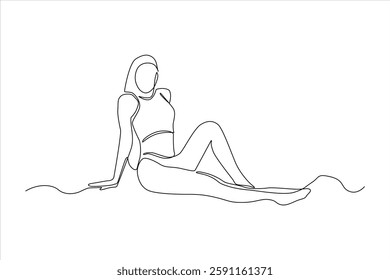 Minimalist line drawing of a woman relaxing on a surface in a serene setting