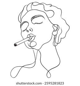minimalist line drawing of woman smoking cigarette, showcasing elegance and calmness. artwork captures moment of introspection and style