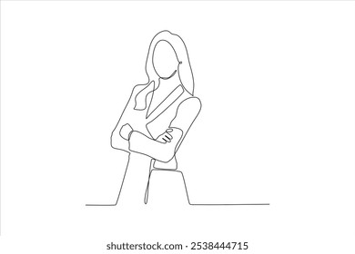 A minimalist line drawing of a woman standing confidently with crossed arms.