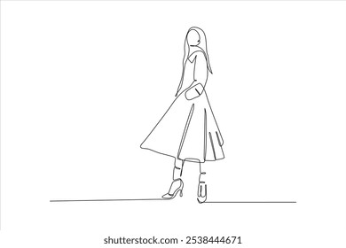 A minimalist line drawing of a woman in a stylish dress and high heels.