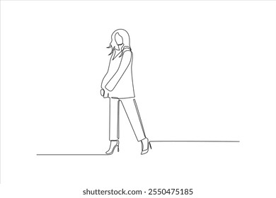 Un dibujo de línea minimalista de una mujer caminando con atuendo elegante.