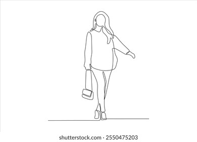 A minimalist line drawing of a woman walking with a bag, emphasizing style and elegance.