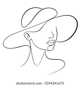 minimalist line drawing of woman wearing large hat, showcasing elegance and simplicity. artwork captures essence of beauty and style through its clean lines and graceful form