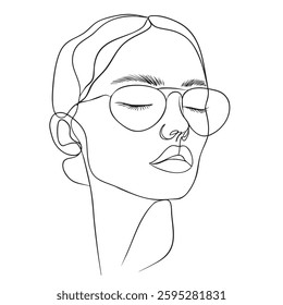 minimalist line drawing of woman wearing sunglasses, with closed eyes and serene expression. artwork captures elegance and simplicity