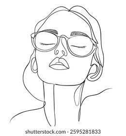 minimalist line drawing of woman wearing glasses, eyes closed, exuding tranquility and confidence. simplicity of design emphasizes beauty and serenity