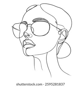 minimalist line drawing of woman wearing sunglasses, showcasing elegance and style. artwork captures modern aesthetic with clean lines and simplicity