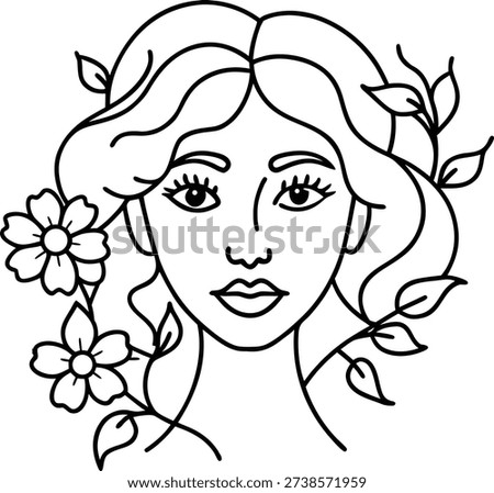 Minimalist line drawing of a woman's face adorned with flowers and foliage.