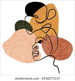 Minimalist line drawing of a woman's profile with abstract watercolor shapes, perfect for modern decor.