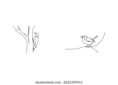 Minimalist line drawing of a woodpecker and bird perched on a branch in nature