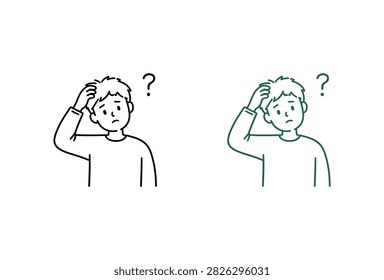 A minimalist line drawing of a worried boy scratching his head while thinking with a question mark symbol above him representing confusion and doubt.