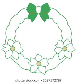 A minimalist line drawing of a wreath with flowers and a bow, perfect for coloring.