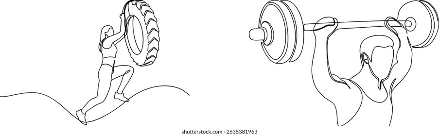 Desenhos de linha minimalista representando exercícios de fitness com pneu e halterofilismo