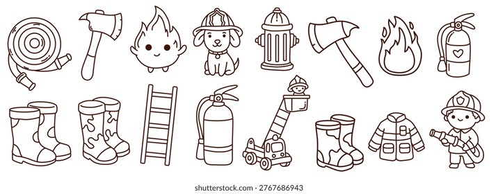 minimalist line drawings of firefighting gear fire extinguisher and rescue ladder items