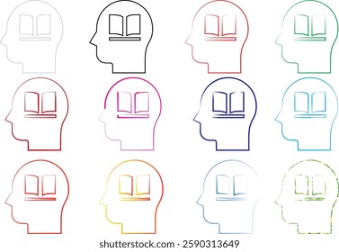 Minimalist line drawings, human head silhouettes, open books inside heads, concept of knowledge and learning, multiple colors, simple icons, educational symbolism, thinking and reading visualization, 