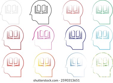 Minimalist line drawings, human head silhouettes, open books inside heads, concept of knowledge and learning, multiple colors, simple icons, educational symbolism, thinking and reading visualization, 