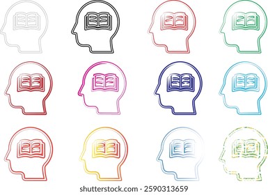 Minimalist line drawings, human head silhouettes, open books inside heads, concept of knowledge and learning, multiple colors, simple icons, educational symbolism, thinking and reading visualization, 