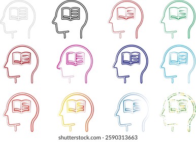 Minimalist line drawings, human head silhouettes, open books inside heads, concept of knowledge and learning, multiple colors, simple icons, educational symbolism, thinking and reading visualization, 