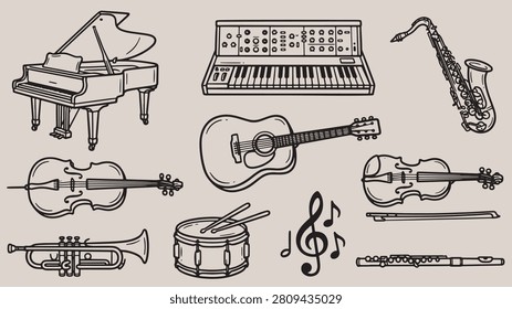 Minimalist line drawings of musical instruments and notes featuring piano guitar violin saxophone trumpet flute and drum