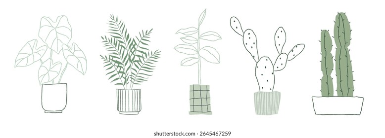 Desenhos de linhas minimalistas de plantas em vasos, incluindo cactos e plantas folhosas. Simples, arte da linha verde de plantas em vasos. Ilustrações de plantas decorativas. Conjunto de elementos de ilustração vetorial.