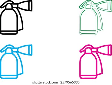 Minimalist line drawings, spray bottles, colorful outlines, blue green pink, simple geometric shapes, clean design, vector illustration style, household cleaning products, flat graphic design, multicu