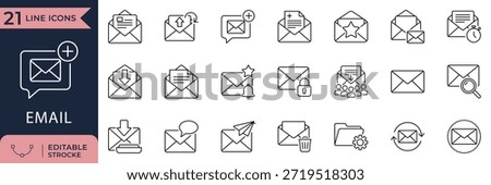 Minimalist line email icon set with editable stroke featuring inbox, message, envelope, notification, mailing, and interface symbols.

