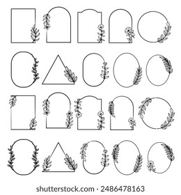 Minimalist line floral frame. Set of Thin Line vintage flower frame and corners icon. Botanical wreath Black linear Vector illustration