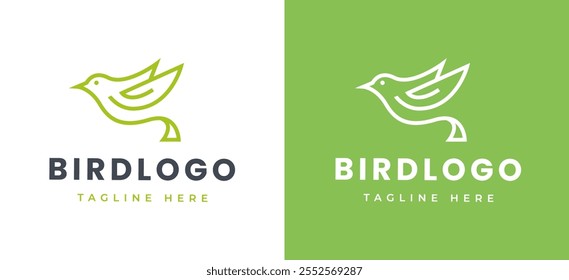 Minimalist Line Flying Dove Pigeon Bird with Leaf Wings for Nature Wildlife Label Logo Design Inspiration. Leaf icon on Bird Logo Clean Lines for Nature Brand Identity. Bird Logo Vector Template