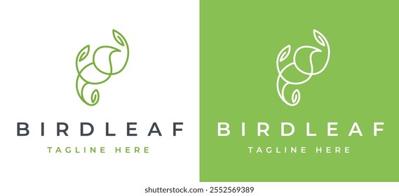 Linha Minimalista Voadora Pombo Ave com Asa de Folha para Natureza Wildlife Label Logo Design Inspiration. Ícone de folha em Bird Logo Clean Lines for Nature Brand Identity. Modelo de vetor de logotipo Bird