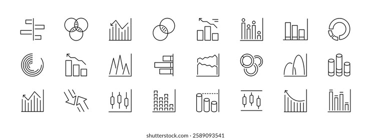 Minimalist line graph icons set depicting various data visualization styles. Linear vector