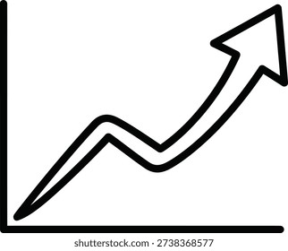 A minimalist line graph with a single line that starts at the bottom left, dips slightly, rises, dips again, and then sharply rises to the top right, ending with an arrow pointing upwards