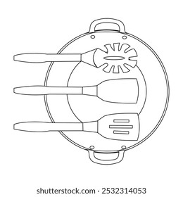 Minimalist line of hands holding frying pan and kitchen utensils for coloring, Cooking Utensils Line icon, Sketch Design, Pixel perfect, Editable stroke. Logo, Sign, Symbol. Kitchen.