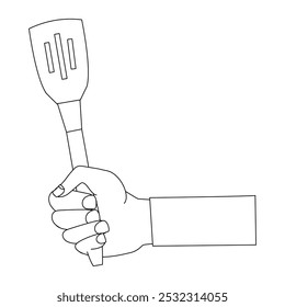 Minimalist line of hands holding frying pan and kitchen utensils for coloring, Cooking Utensils Line icon, Sketch Design, Pixel perfect, Editable stroke. Logo, Sign, Symbol. Kitchen.