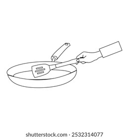 Linha minimalista de mãos segurando panela de ato de fritar e utensílios de cozinha para colorir, Cozinhar Utensils Line ícone, Sketch Design, Pixel perfeito, AVC editável. Logotipo, placa, símbolo. Cozinha.